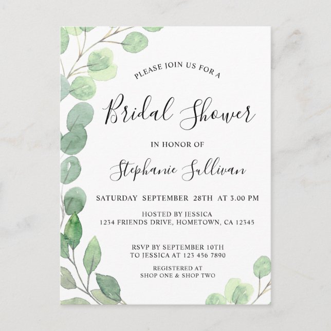 Postal de invitación a Eucalyptus Bridal Shower (Anverso)