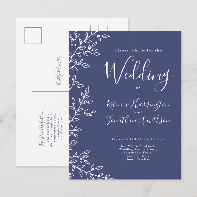 Postal de invitación a la boda azul de la marina d (Anverso / Reverso)