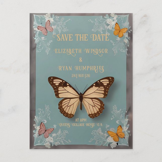 Postal de invitación a la boda de mariposa botánic (Anverso)
