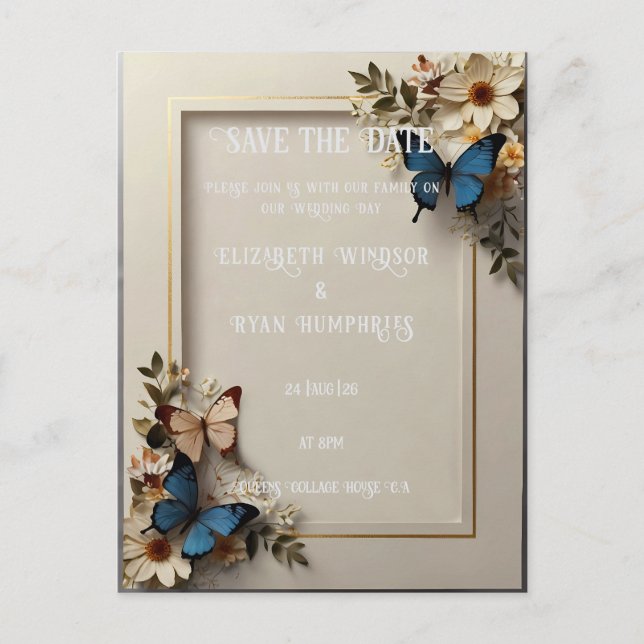 Postal de invitación a la boda de mariposa botánic (Anverso)