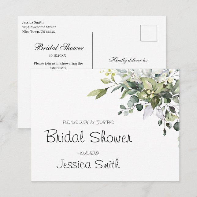 Postal de invitación a la ducha de novia Eucalyptu (Anverso / Reverso)