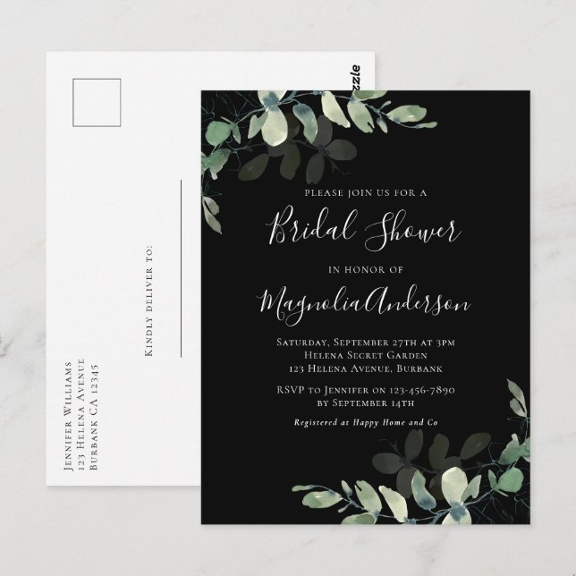 Postal de invitación a la ducha de novia Eucalyptu (Anverso / Reverso)