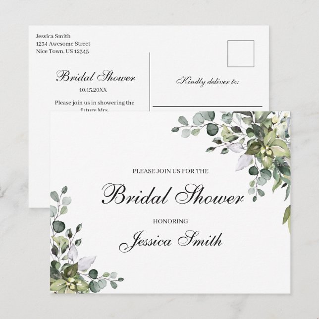 Postal de invitación a la ducha de novia Eucalyptu (Anverso / Reverso)