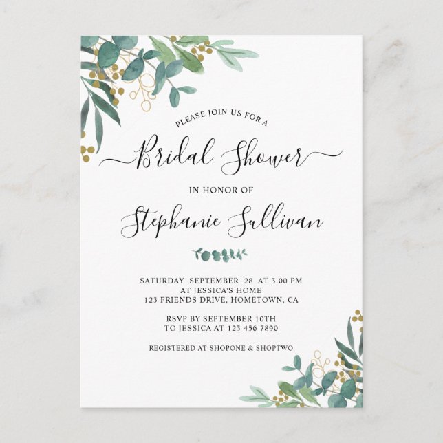 Postal de invitación a la ducha de novia Eucalyptu (Anverso)