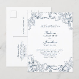 Postal de invitación a matrimonio floral azul vint