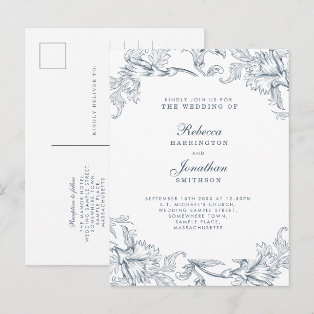 Postal de invitación a matrimonio floral azul vint (Anverso / Reverso)
