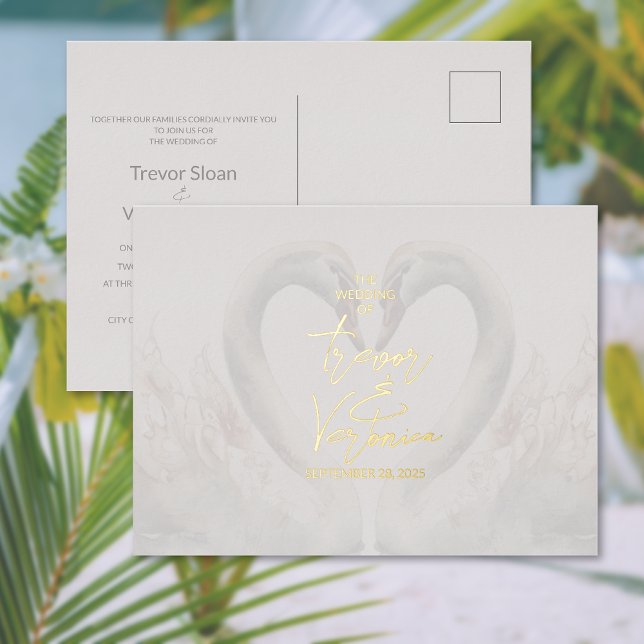 Postal de invitación a Relieve metalizado de Boda  (Swan Wedding Foil Invitation Postcard (front and back))
