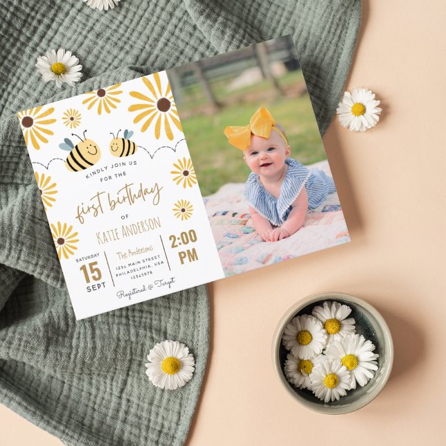 Postal De Invitación Abeja amarilla y girasol, foto de primer cumpleaño (Subido por el creador)