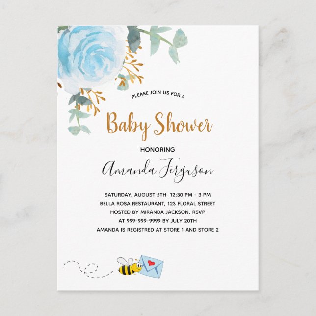 Postal De Invitación Abeja azul de burbujas Baby Shower niño de vegetac (Anverso)