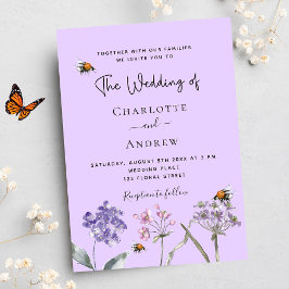 Postal De Invitación Abeja rosa violeta de flores silvestres bodas