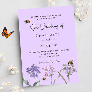 Postal De Invitación Abeja rosa violeta de flores silvestres bodas