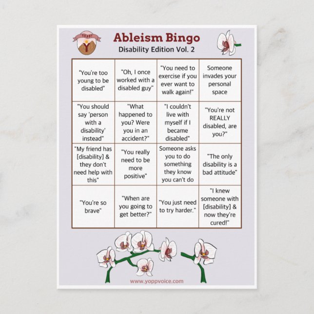 Postal De Invitación Ableism Bingo Card Disability Edition Volumen 2 (Anverso)