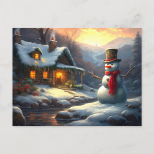 Postal De Invitación Acogedores Navidades Cottage y Snowman Invierno