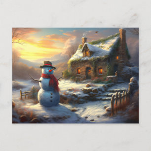 Postal De Invitación Acogedores Navidades Cottage y Snowman Invierno