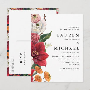 Postal De Invitación Acuarela Amarilis Roja y Boda Floral de Otoño