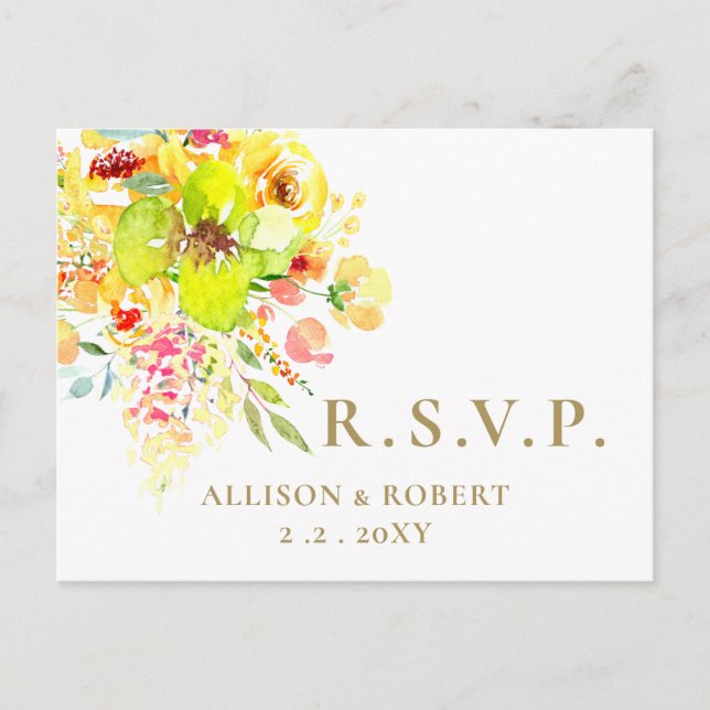 Postal De Invitación Acuarela Amarillo Floral RSVP Boda Rústica (Anverso)