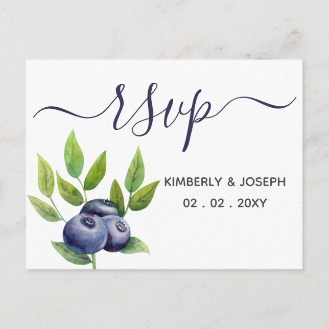 Postal De Invitación acuarela arándanos boda botánica azul Rsvp (Anverso)