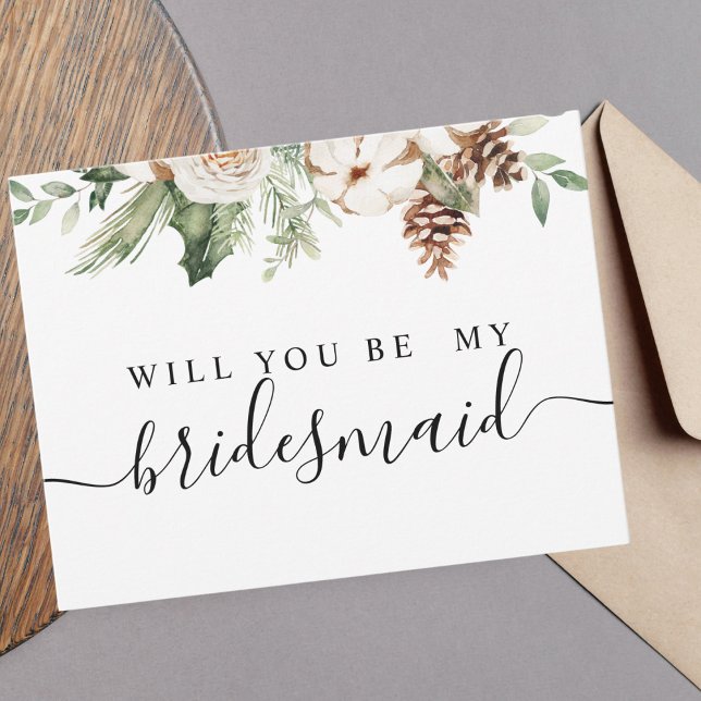 Postal De Invitación Acuarela Árbol De Pino Verde De Invierno & Flores  (Subido por el creador)