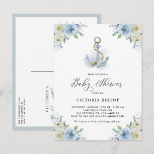 Postal De Invitación Acuarela Azul Floral Ancla Náutica Fiesta de Bebé