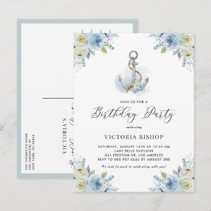 Postal De Invitación Acuarela Azul Floral Ancla Náutico Cumpleaños