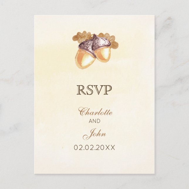 Postal De Invitación acuarela bellota hojas de roble otoño boda rsvp (Anverso)