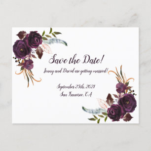 Postal De Invitación Acuarela berenjena Morado Floral Guardar la fecha