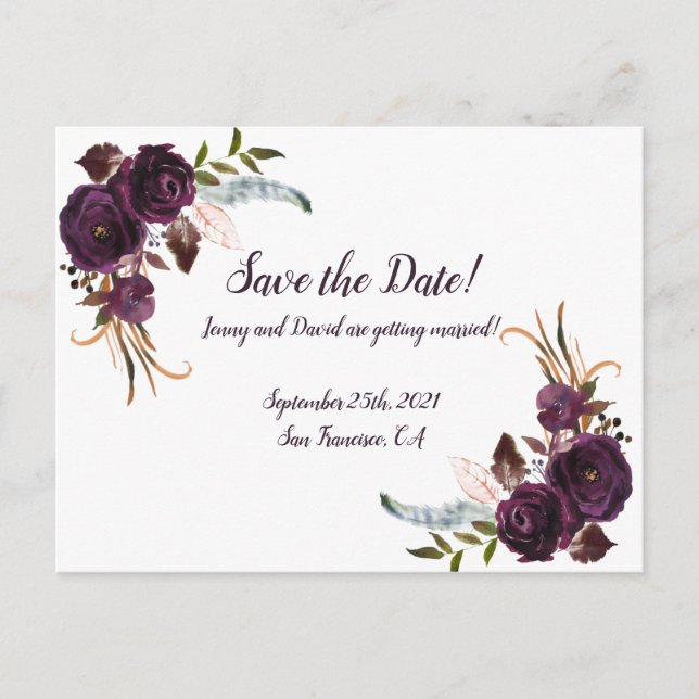 Postal De Invitación Acuarela berenjena Morado Floral Guardar la fecha (Anverso)