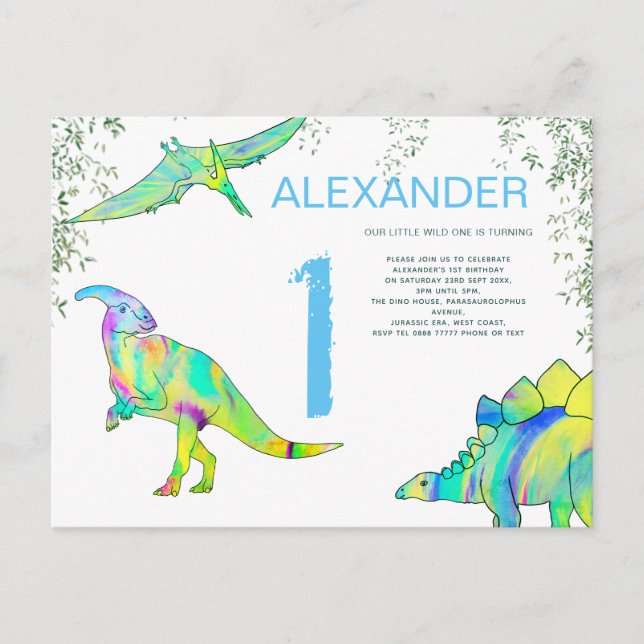 Postal De Invitación acuarela de dinosaurios Primer cumpleaños Fiesta P (Anverso)
