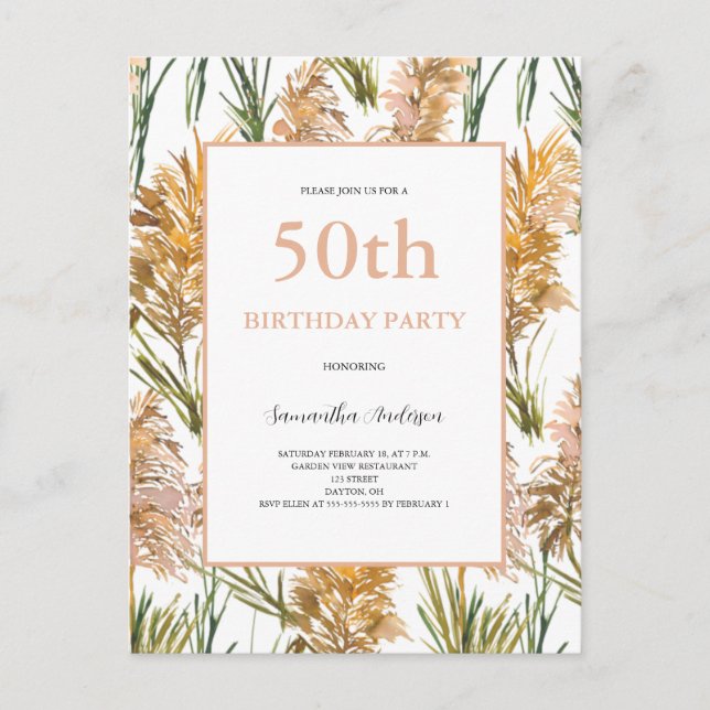 Postal De Invitación Acuarela de hierba de Pampas 50 cumpleaños (Anverso)