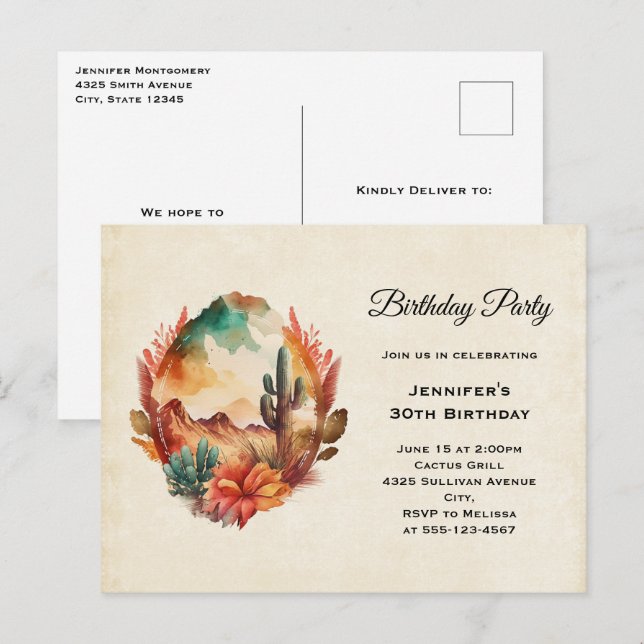 Postal De Invitación Acuarela Desierto Cactus y Montañas Cumpleaños (Anverso / Reverso)