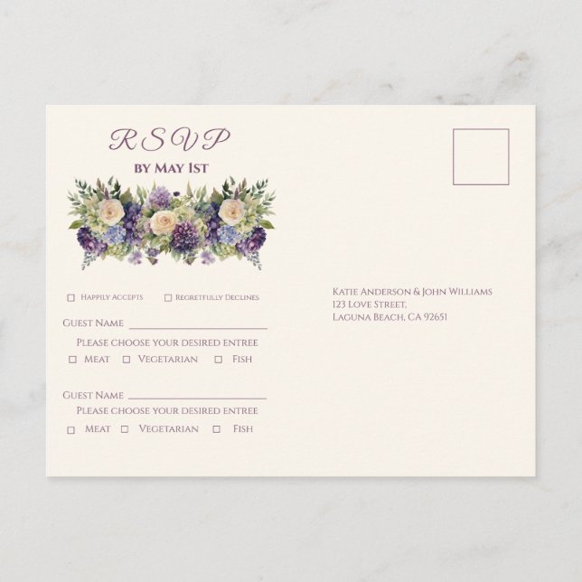 Postal De Invitación Acuarela Flor Púrpura Bouquet Wedding RSVP- (Reverso)