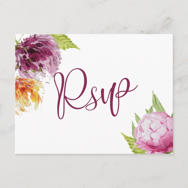Postal De Invitación Acuarela Floral Boda Elecciones de Comida Rsvp (Anverso)