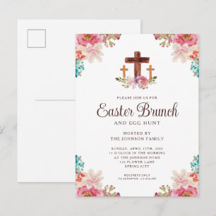 Postal De Invitación Acuarela floral cruz religiosa Brunch de Pascua