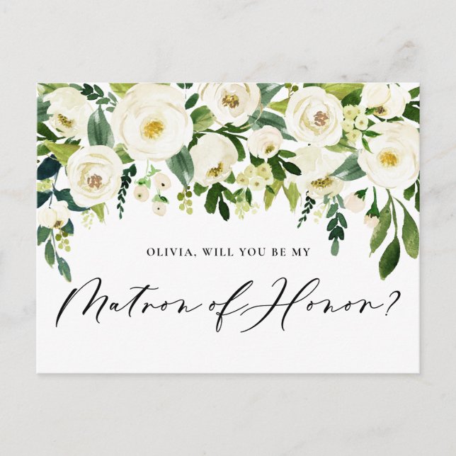 Postal De Invitación Acuarela Flores Blancas Matrón de Honor Propuesta (Anverso)