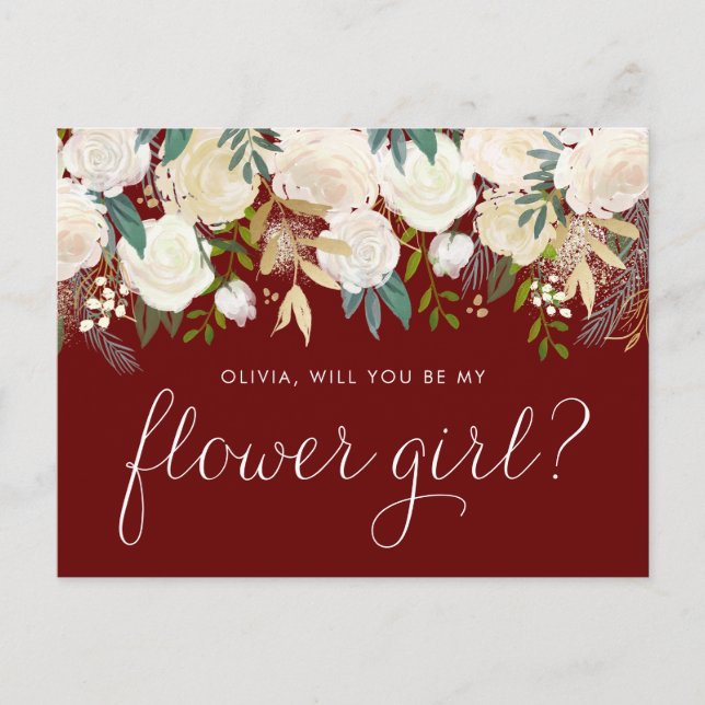 Postal De Invitación Acuarela Flores de Marfil Garland Red Flower Girl (Anverso)