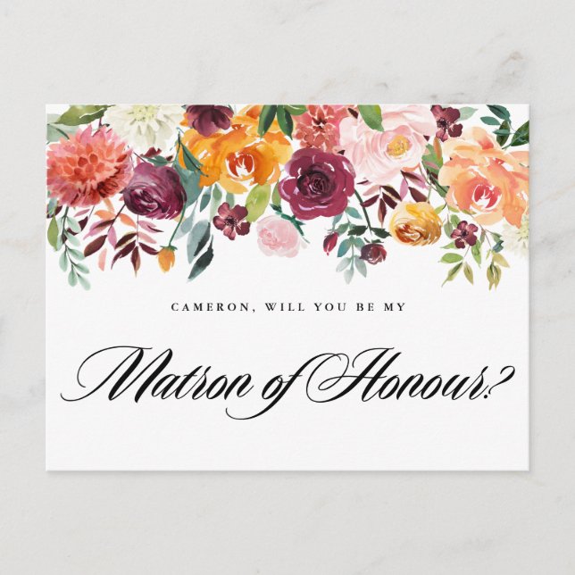 Postal De Invitación Acuarela Flores de Otoño Sé Mi Dama de Honor (Anverso)