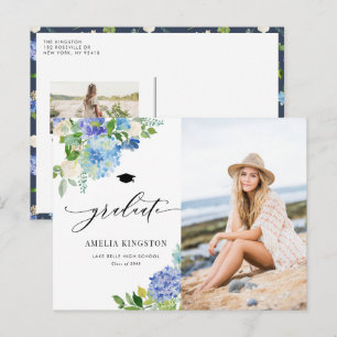 Postal De Invitación Acuarela Foto Floral de Hortensia Azul Graduación
