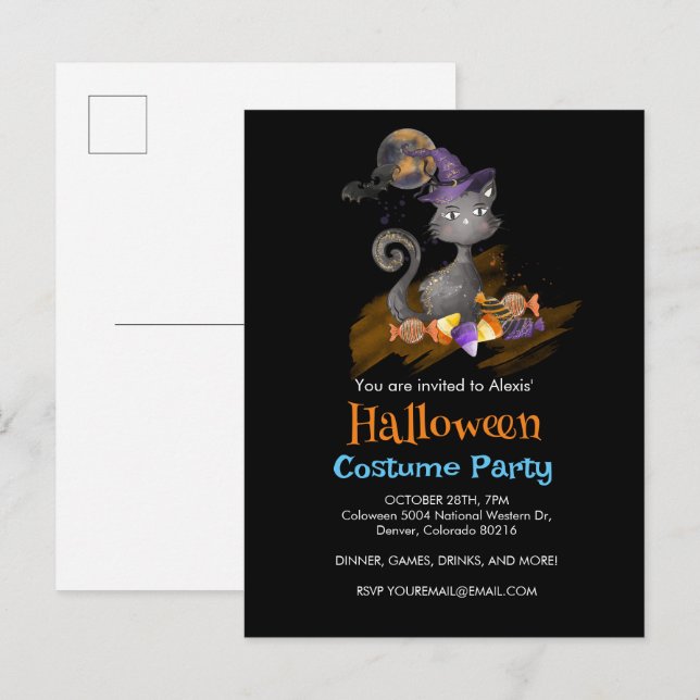 Postal De Invitación Acuarela Gato negro con caramelos, Halloween (Anverso / Reverso)