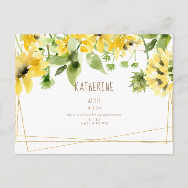 Postal De Invitación Acuarela girasol colgante ducha de novia invi (Anverso)