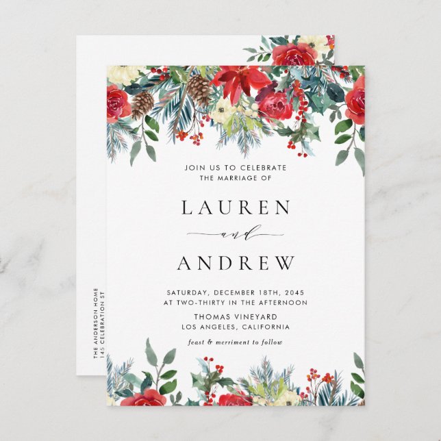 Postal De Invitación Acuarela invierno florece en el Boda de flores de  (Anverso / Reverso)