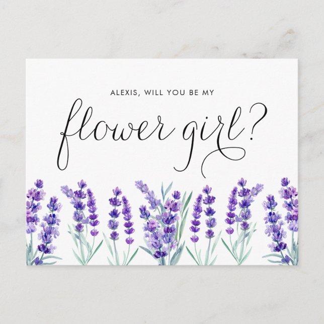 Postal De Invitación Acuarela Lavanda ¿Serás Mi Dama de Flores? (Anverso)
