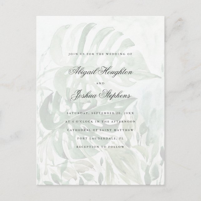 Postal De Invitación Acuarela Monstera Tropical deja Boda de verano (Anverso)