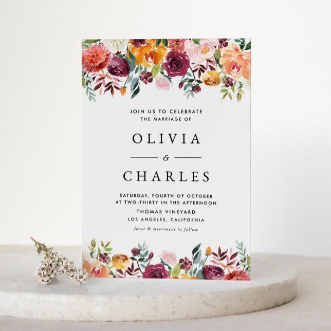 Postal De Invitación Acuarela Otoño Blooms Garland Fall Wedding (Watercolor Autumn Blooms Garland Fall Wedding Invitation Postcard)