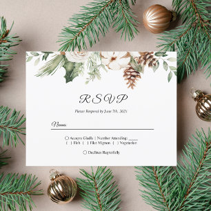 Postal De Invitación Acuarela Pino Verde de Invierno & Flores Blancas