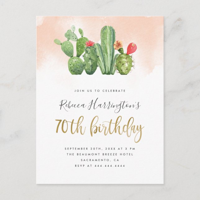 Postal De Invitación Acuarela rosa y cactus de Rubor 70º cumpleaños (Anverso)