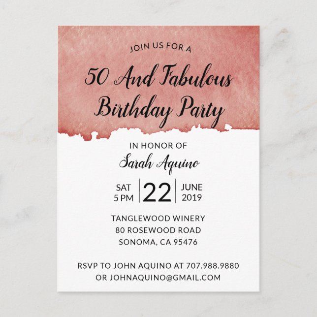 Postal De Invitación Acuarela rústica 50 y fabuloso cumpleaños (Anverso)