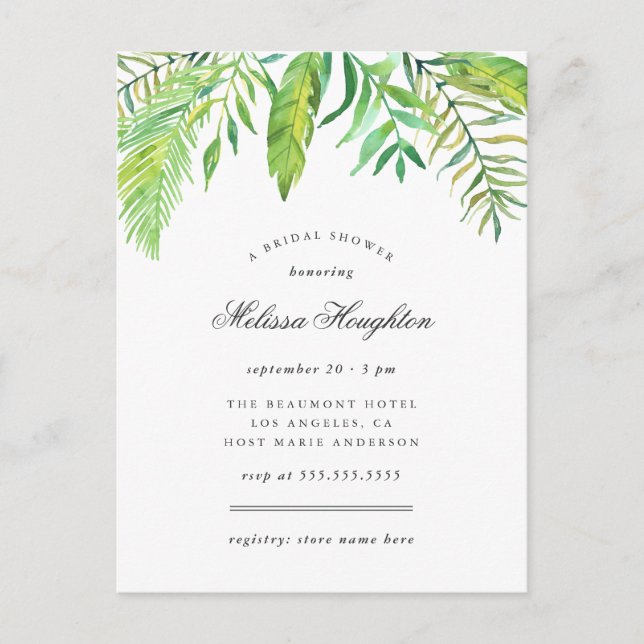 Postal De Invitación Acuarela tropical deja ducha de novias de verano (Anverso)