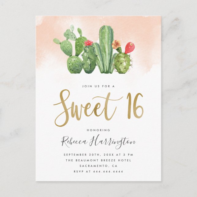 Postal De Invitación Acuarela y Cactus Sweet de Rubor moderna 16 (Anverso)