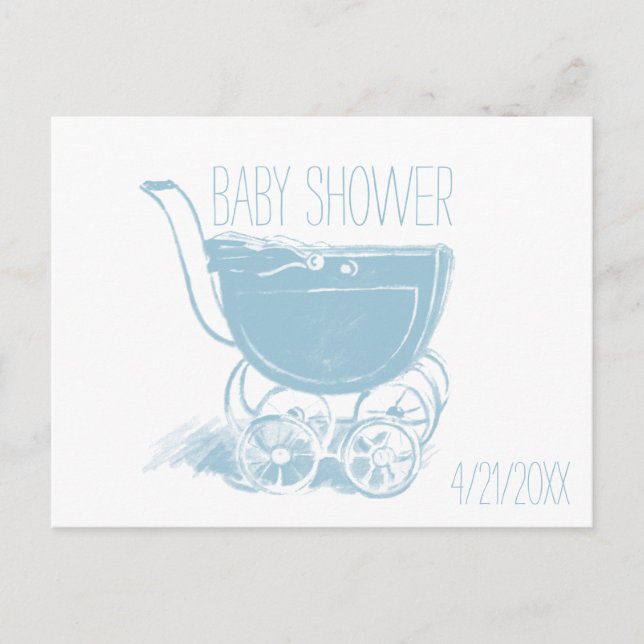 Postal De Invitación Adorable Blue Baby Boy Carrito Retro Baby Shower (Anverso)