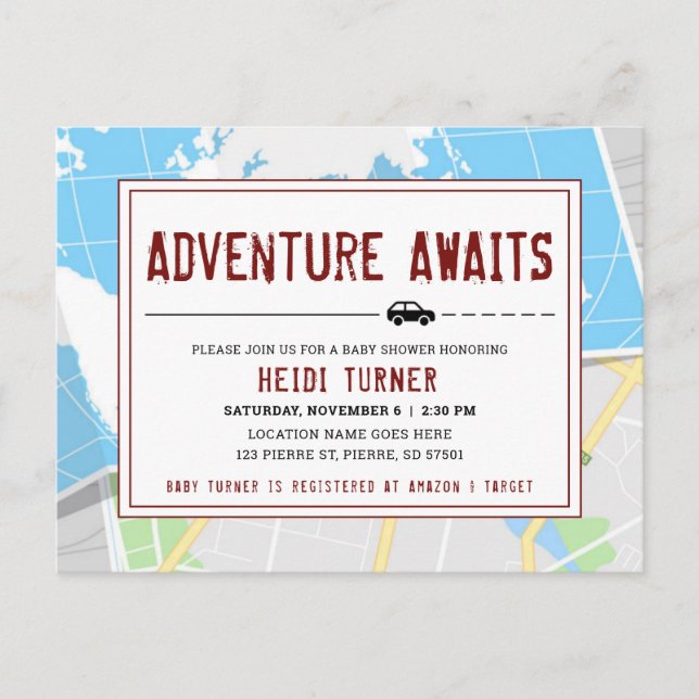 Postal De Invitación Adventure Awaits | Mapa moderno (Anverso)